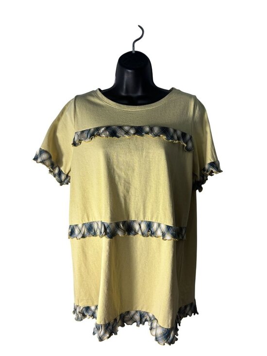 easel Tops - Easel Butter Yellow Short Sleeve Tunic Top With Plaid Ruffle Details Size S